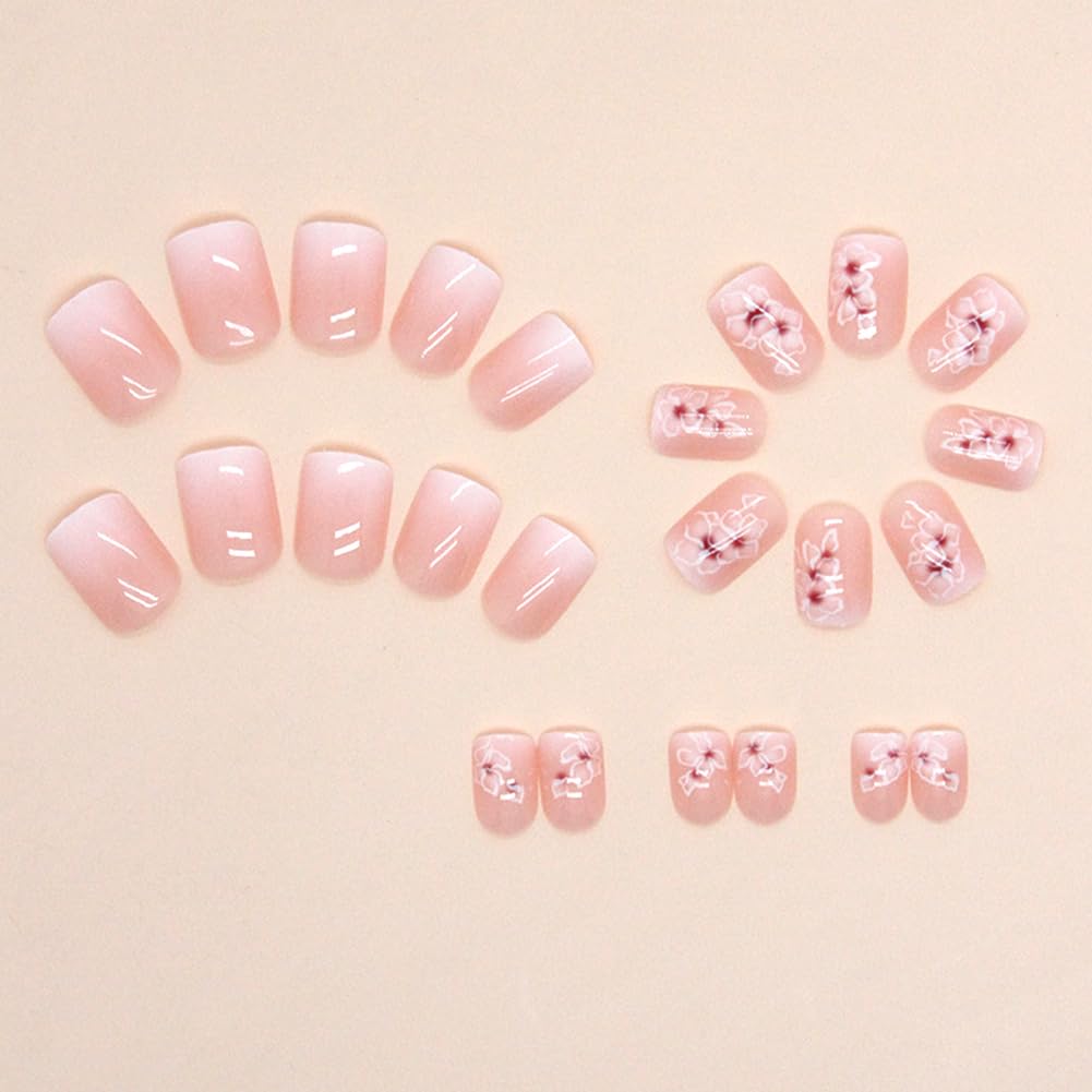 Acrylic Press on Nails Short Square Fake Nails White Ombre Glue on Nails Short False Nails with Flower Gloss Designs Nails Press on Artificial Nails Stick on Nails for Women 24Pcs - Image 4