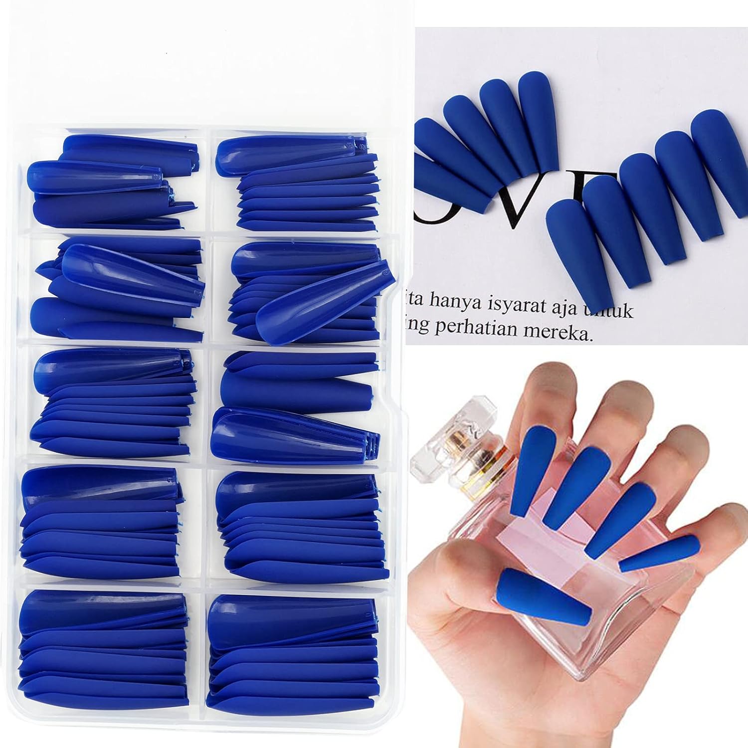 AddFavor 100pcs Coffin Fake Nails Full Cover Long Press on Nails Pure Color Matte Acrylic False Nail Tips for Women and Girls (Royal Blue) - Image 5