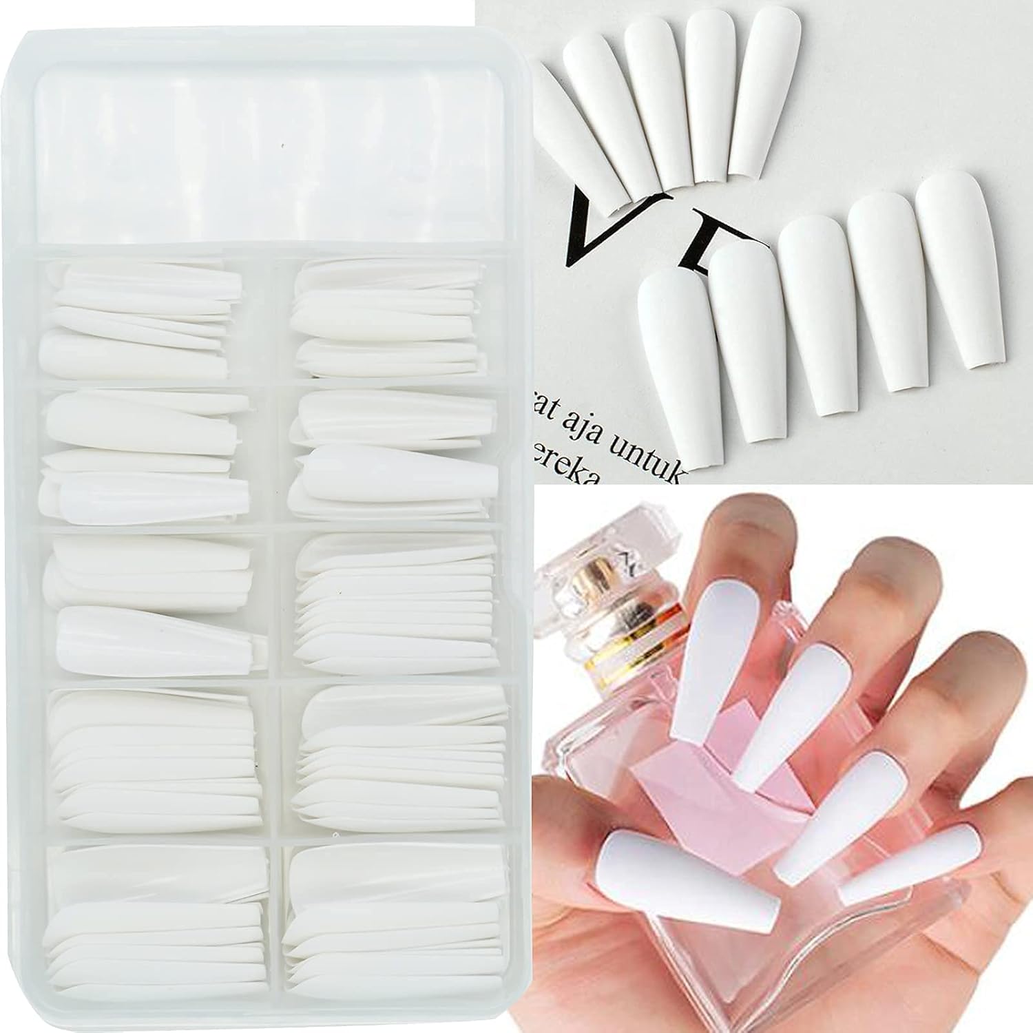 AddFavor 100pcs Coffin Fake Nails Full Cover Long Press on Nails Pure Color Matte Acrylic False Nail Tips for Women and Girls (White) - Image 3
