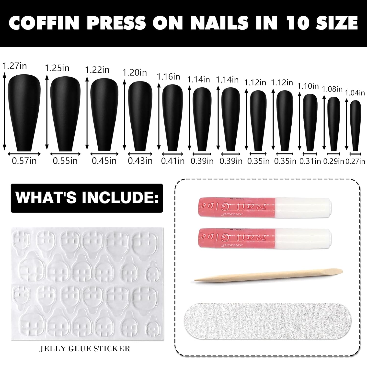 AddFavor Long Press on Nails Black Matte Ballerina Fake Nails Full Cover False Acrylic Nail for Women, 240pcs Black Nails with Nail Glue Adhesive Tabs File Tools - Image 2