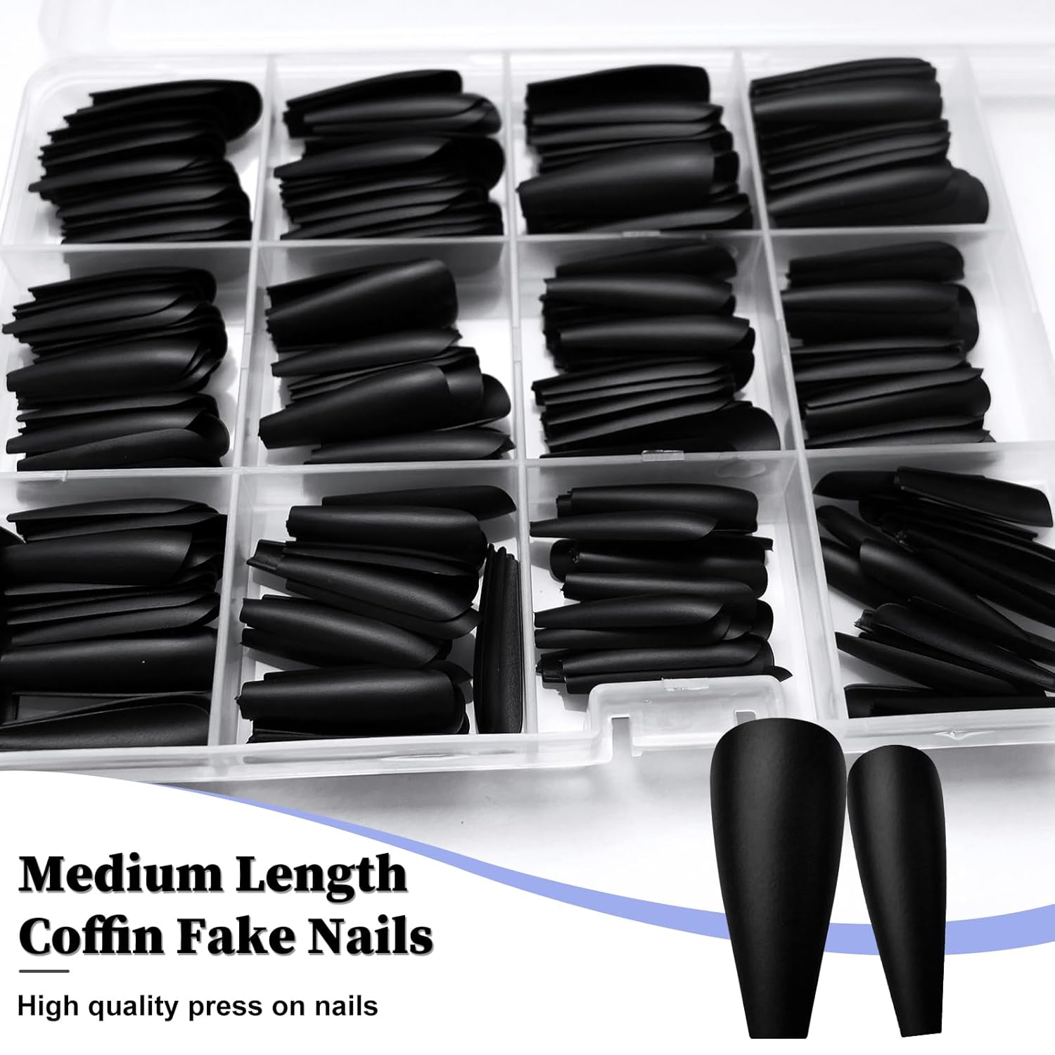 AddFavor Long Press on Nails Black Matte Ballerina Fake Nails Full Cover False Acrylic Nail for Women, 240pcs Black Nails with Nail Glue Adhesive Tabs File Tools - Image 4
