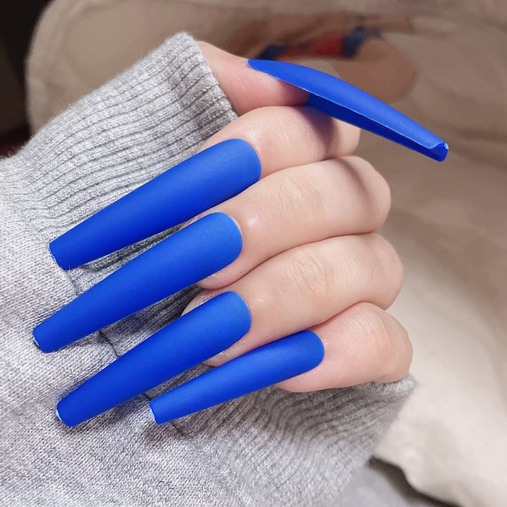 AddFavor XXL Extra Long Press on Nails Coffin Matte Fake Nails Full Cover Acrylic False Nails 12 Sizes 120pcs Blue Nail Tips for Women Fingernails Manicure Design - Image 2