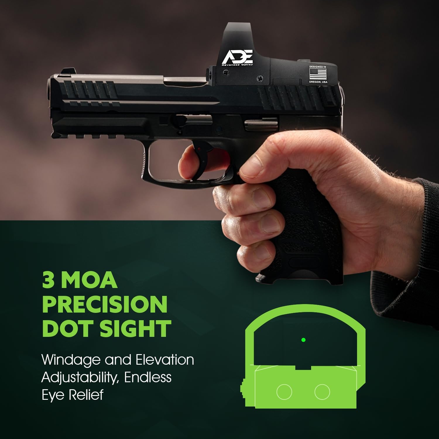 Ade Advanced Optics Huracan RD3-006x Green Dot Reflex Sight + Optic Mounting Plate for Springfield XD, MOD.2,XDm,XDS,XDE, Hellcat(Non-OSP) Pistol - Image 5