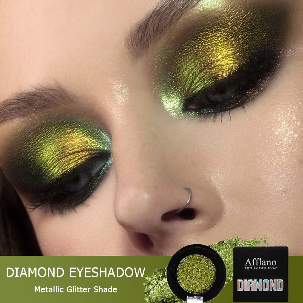 Afflano Sparkle Olive Green Metallic Glitter Eyeshadow, Single Shimmery Deep Green Eyeshadow Palette, Small Metallic Eye Shadow Pallet for Girl Women Smokey Eye Look, 24H - Image 2