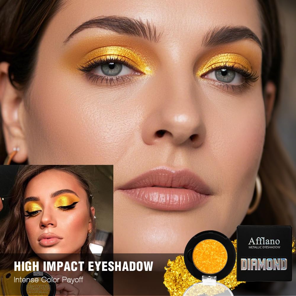Afflano Yellow Glitter Eyeshadow Makeup, Single Diamond Gold Shimmery Eyeshadows, Super Pigmented Sunset Gold Glitter Yellow Eyeshadow One Swipe, Vibrant Metallic Eye Shadow Sparkly Eyelid Highlighter - Image 2