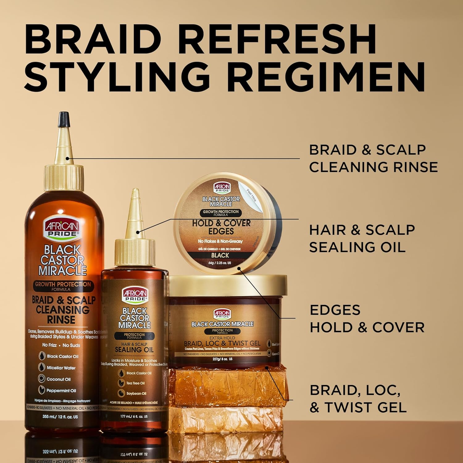African Pride Black Castor Miracle Extra Hold Braid, Loc, Twist Gel - Extreme Hold Braiding Hair Gel, Edge Control & Tames Frizz, No Flake | Natural Ingredients, Black Castor & Coconut Oil | 12oz - Image 5