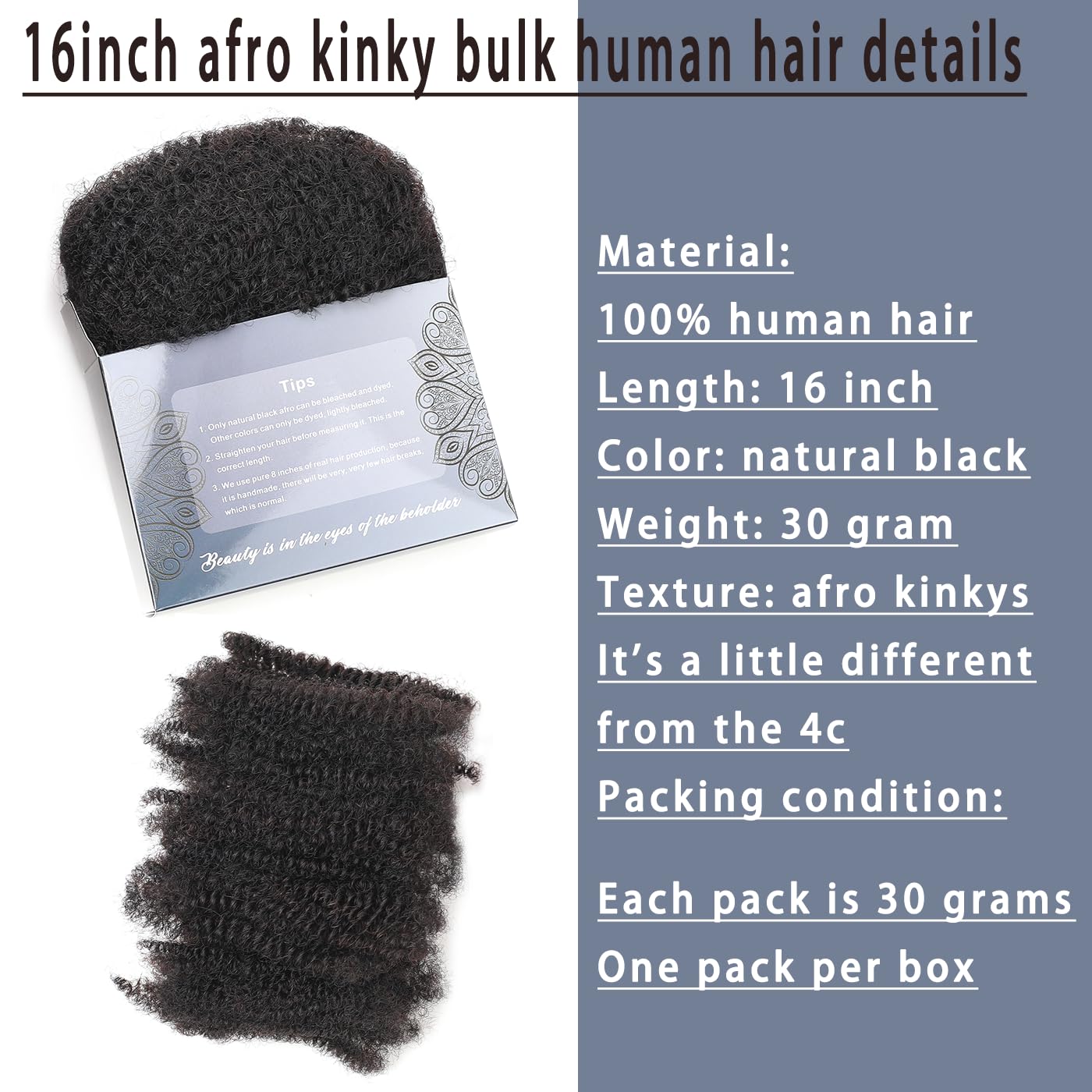 Afro Kinkys Bulk Human Hair 16-Inch 30g/bundle Natural Black Kinky Afro Kinky Human Hair for Microloc Loc Repair Twist Braids - Bleachable and Dyable (1 B 16 Inch) - Image 2