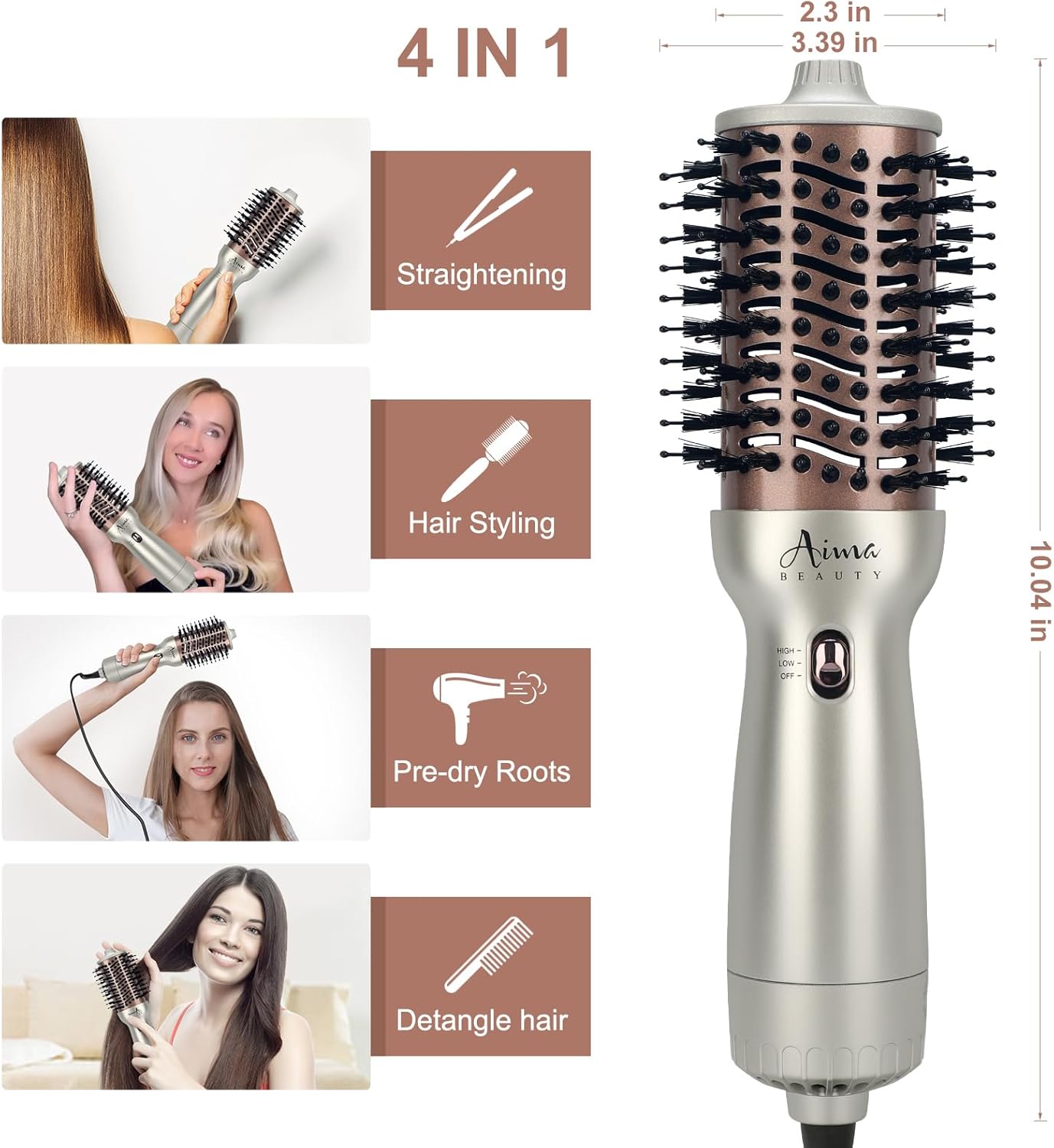 Aima Beauty 4 in 1 Worldwide Travel Hot Air Brush Dual Voltage Blowout Brush Oval Shape 110V-120V/220V-240V Straightener Blow Dryer Brush Ionic Lock Moisture Gift 360° Swivel Cord Champagne Silver - Image 3