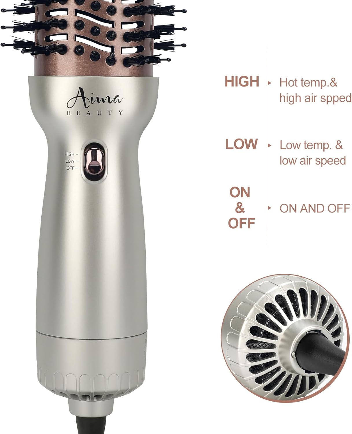 Aima Beauty 4 in 1 Worldwide Travel Hot Air Brush Dual Voltage Blowout Brush Oval Shape 110V-120V/220V-240V Straightener Blow Dryer Brush Ionic Lock Moisture Gift 360° Swivel Cord Champagne Silver - Image 8