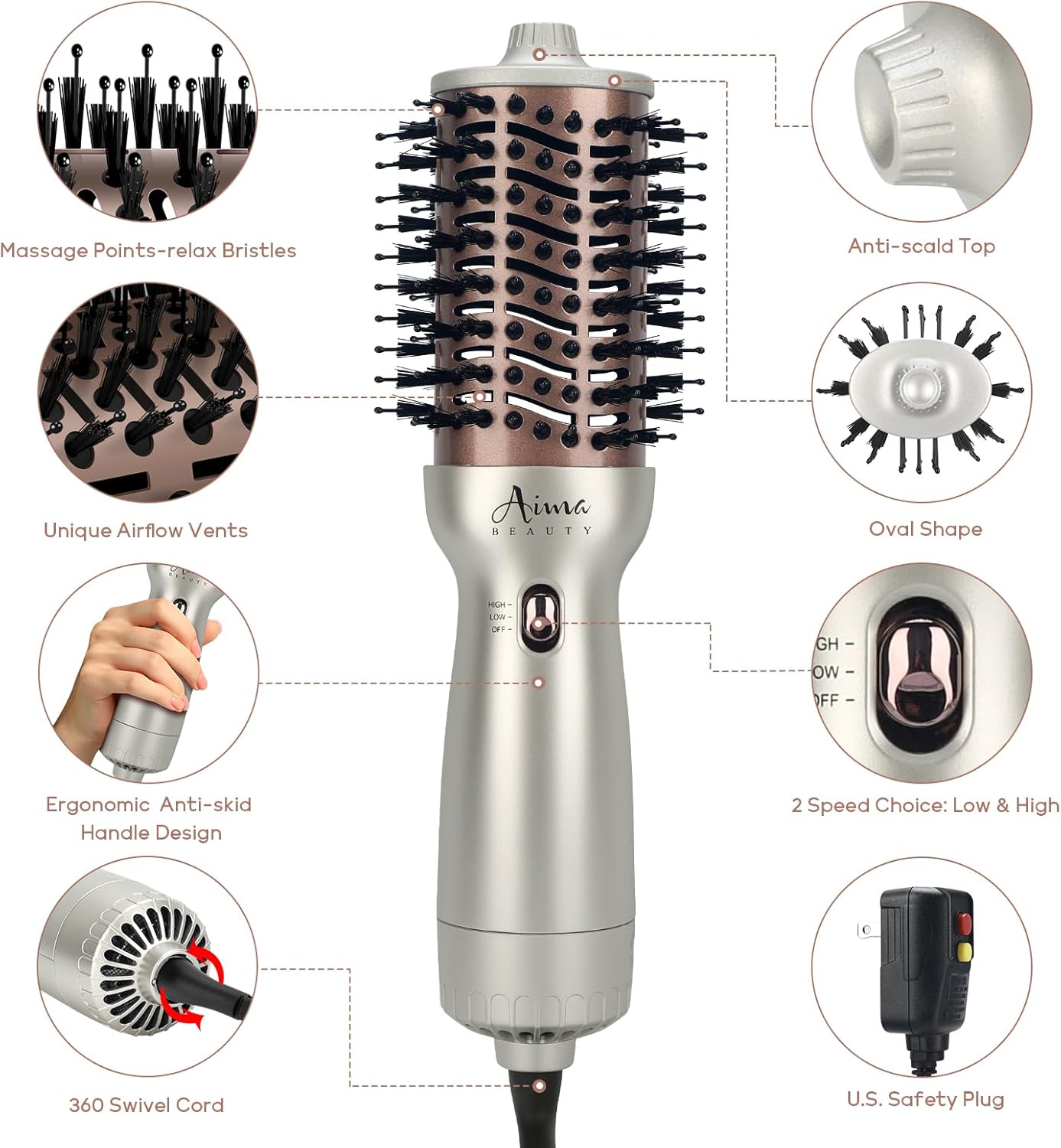 Aima Beauty 4 in 1 Worldwide Travel Hot Air Brush Dual Voltage Blowout Brush Oval Shape 110V-120V/220V-240V Straightener Blow Dryer Brush Ionic Lock Moisture Gift 360° Swivel Cord Champagne Silver - Image 6