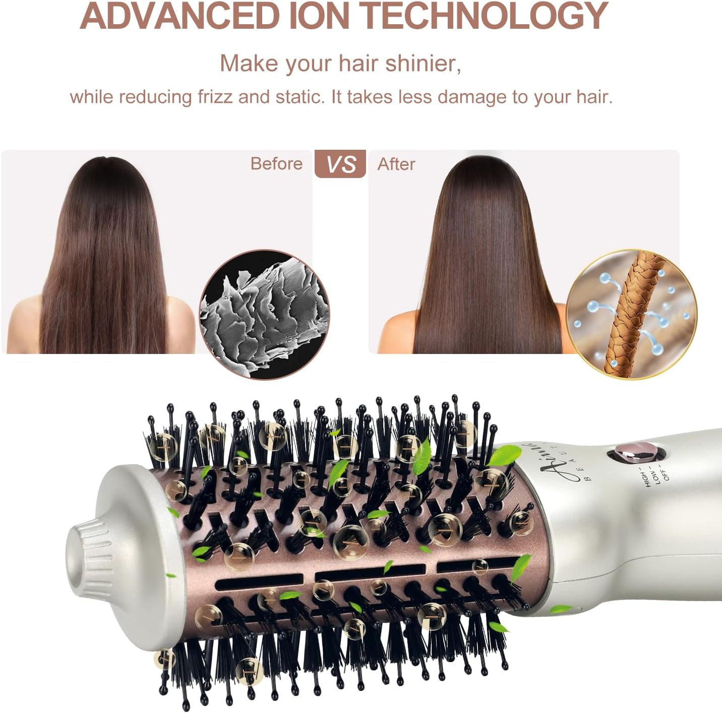 Aima Beauty 4 in 1 Worldwide Travel Hot Air Brush Dual Voltage Blowout Brush Oval Shape 110V-120V/220V-240V Straightener Blow Dryer Brush Ionic Lock Moisture Gift 360° Swivel Cord Champagne Silver - Image 4