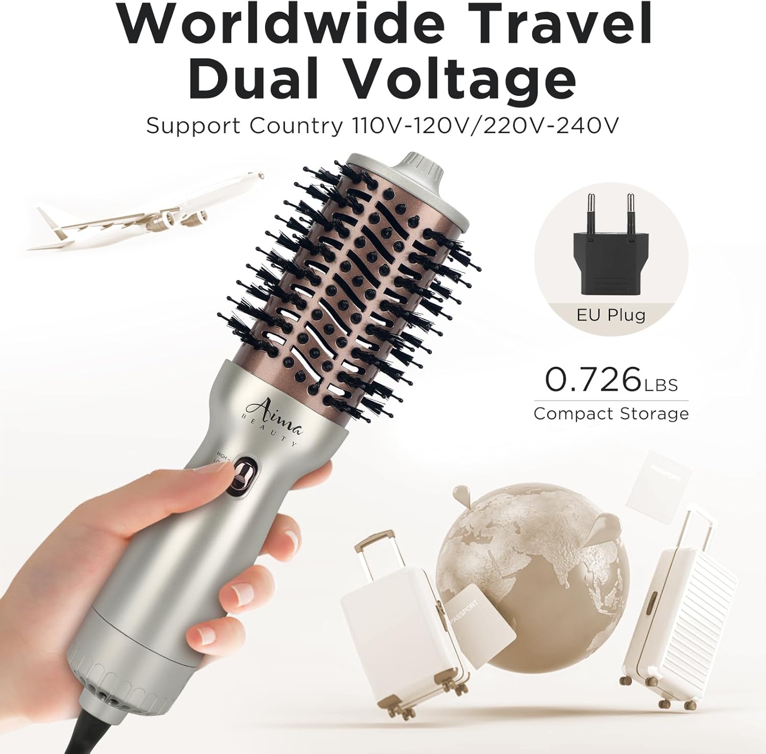 Aima Beauty 4 in 1 Worldwide Travel Hot Air Brush Dual Voltage Blowout Brush Oval Shape 110V-120V/220V-240V Straightener Blow Dryer Brush Ionic Lock Moisture Gift 360° Swivel Cord Champagne Silver - Image 2
