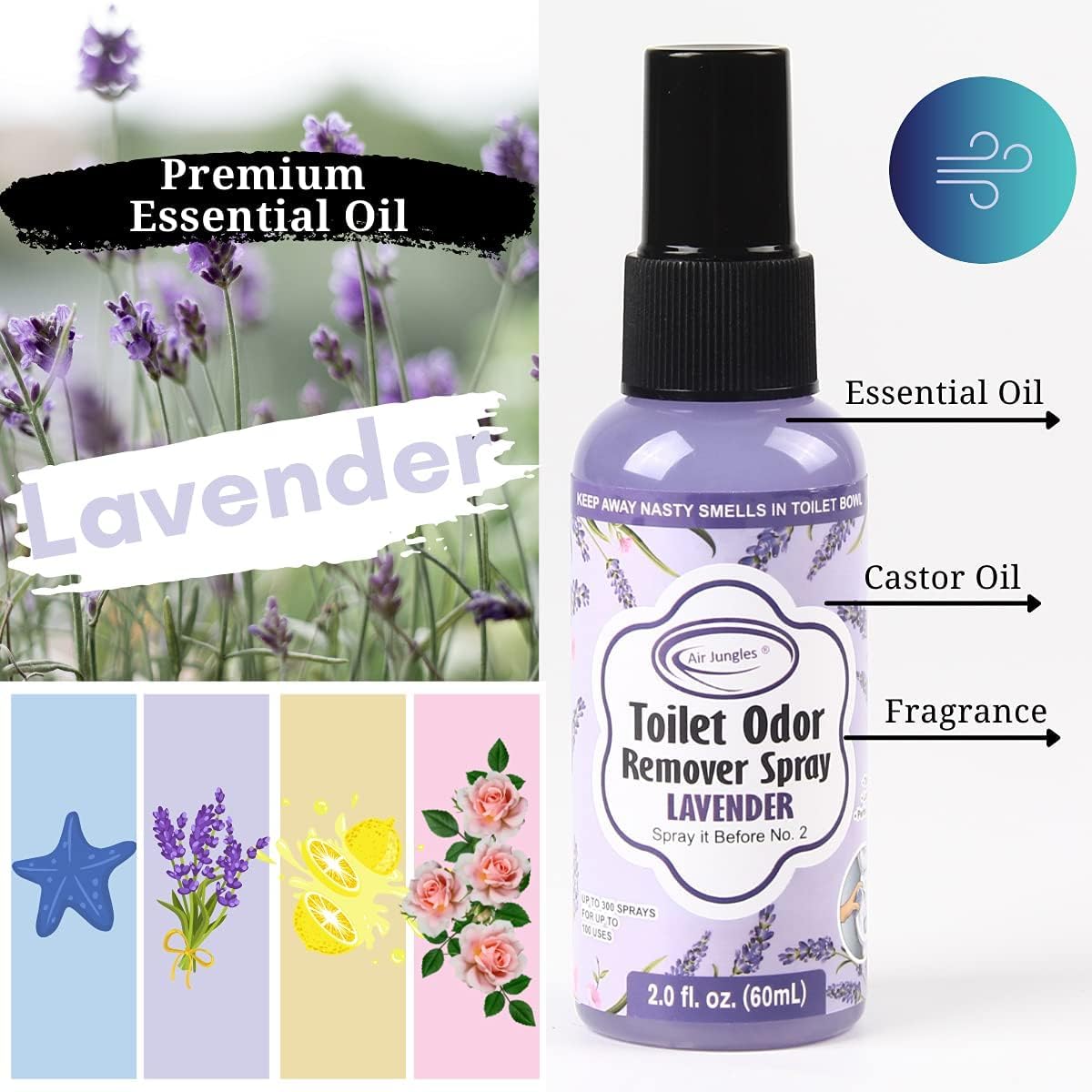 Air Jungles Toilet Poop Odor Eliminator Spray, Lavender Scent, Spray It Before No.2, Up to 100 Uses Per Bottle, For Home, Travel, Office Bathroom, and College Dorm Bathroom - Image 2