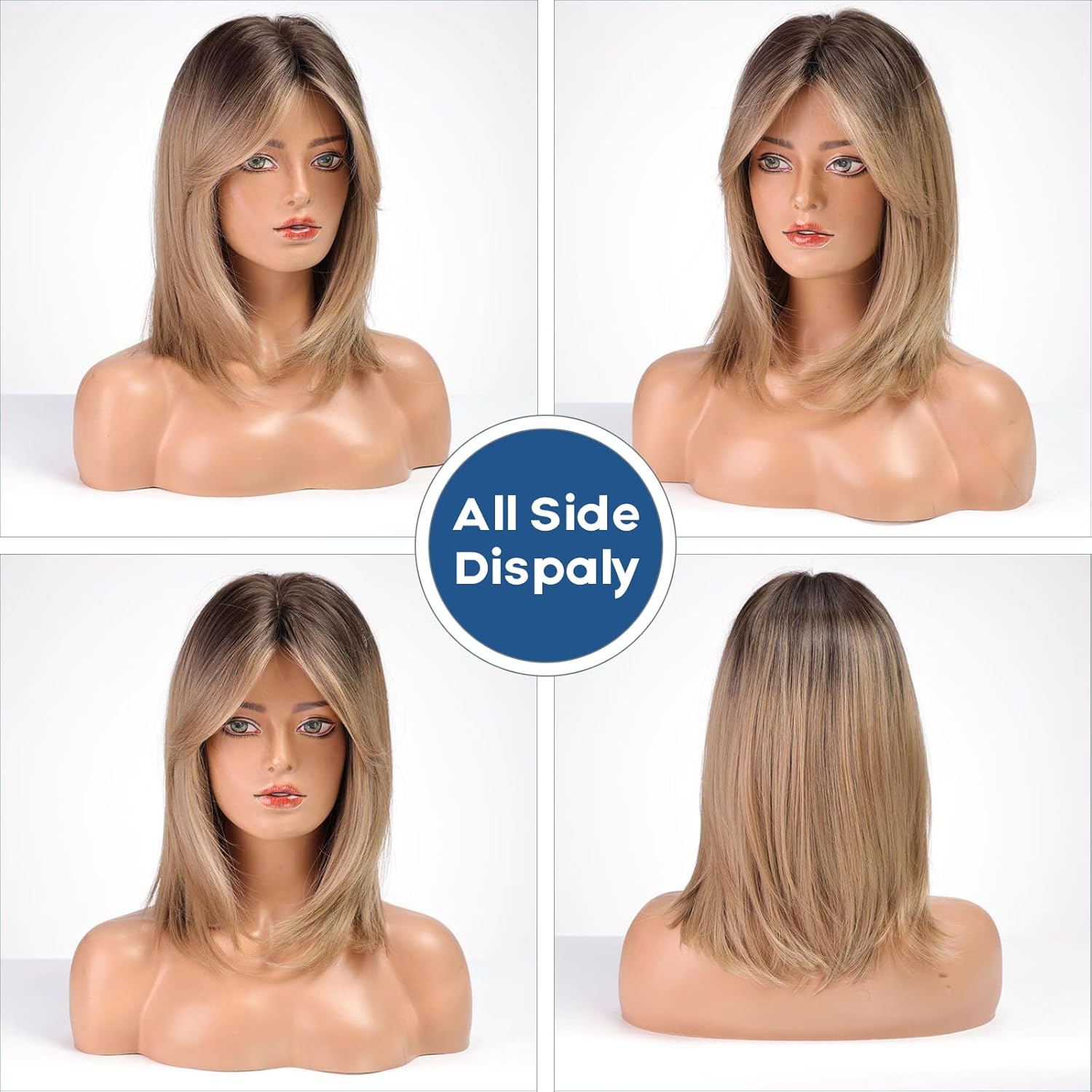 ALANHAIR Ombre Brown Blonde Wigs for Women Ash Blonde Wig with Curtain Bangs Shoulder Length Natural Synthetic Wig for Daily Use - Image 4