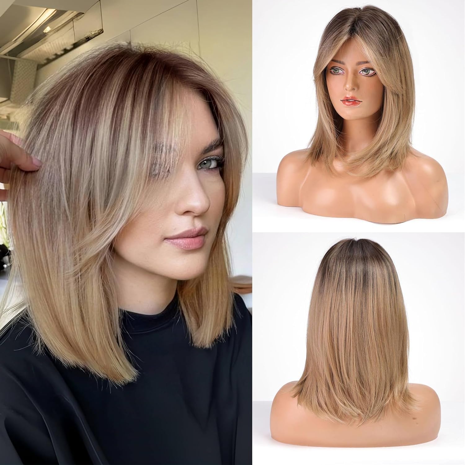 ALANHAIR Ombre Brown Blonde Wigs for Women Ash Blonde Wig with Curtain Bangs Shoulder Length Natural Synthetic Wig for Daily Use - Image 2