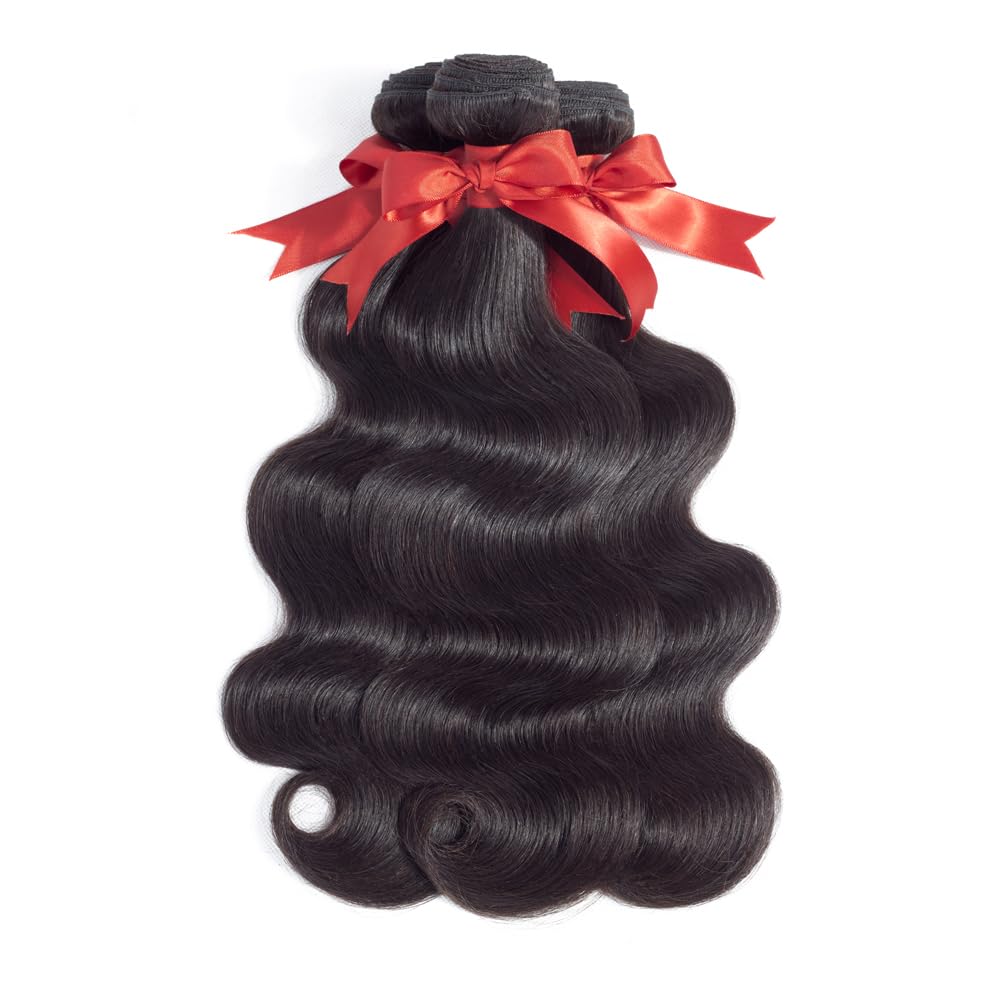ALLRUN Body Wave Bundles with Closure Human Hair 100% Unprocessed Brazilian Human Hair Bundles Body Wave with 4x4 Lace Closure Free Part Wavy Sew In Hair Extensions Black Color 14 16 18+12 Inch - Image 2