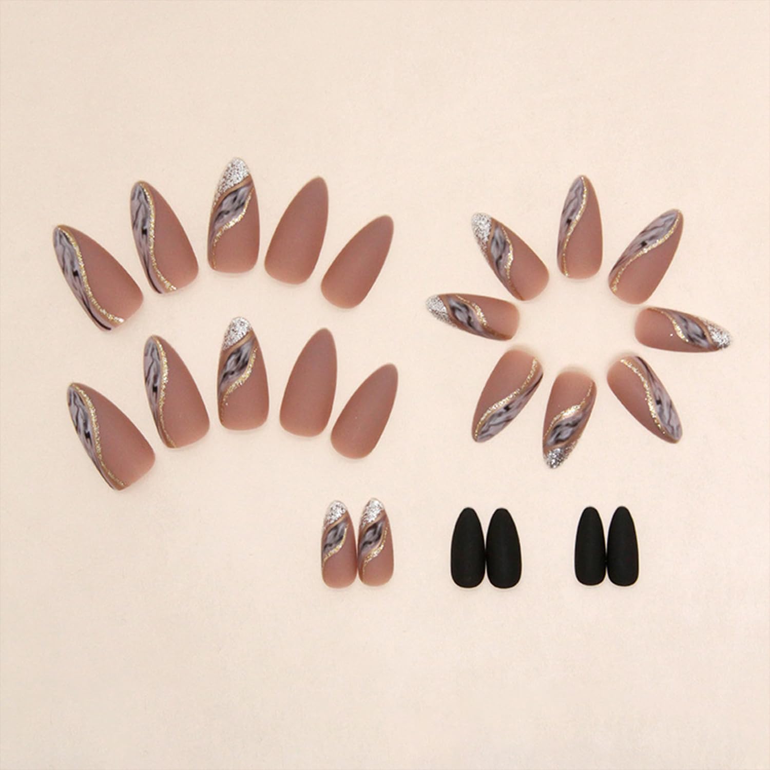 Almond Press Nails - Brown False Nails With Gold Line Marble Texture Designs, Full Cover Stick on Acrylic Artificial Nails for Women Girls, 24Pcs - Image 3