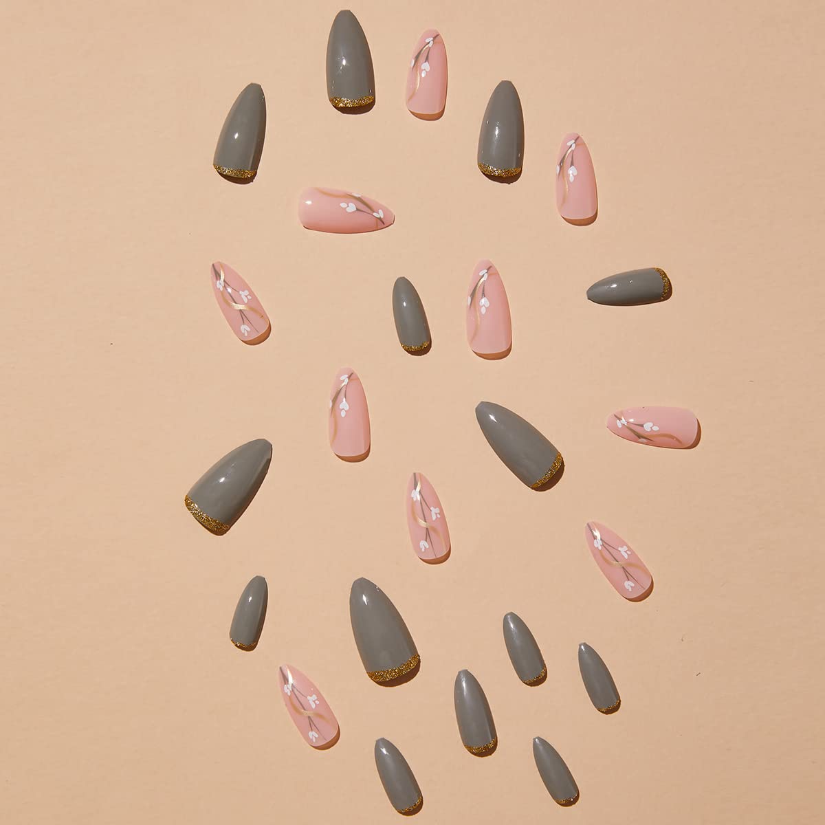 Almond Press on Nails Flower Fake Nails Medium False Nails with Designs Grey Acrylic Nails Gold Line Stick on Nails Spring Summer Glue on Nails Full Cover Glossy Artificial Fake Nails for Women Girls - Image 2