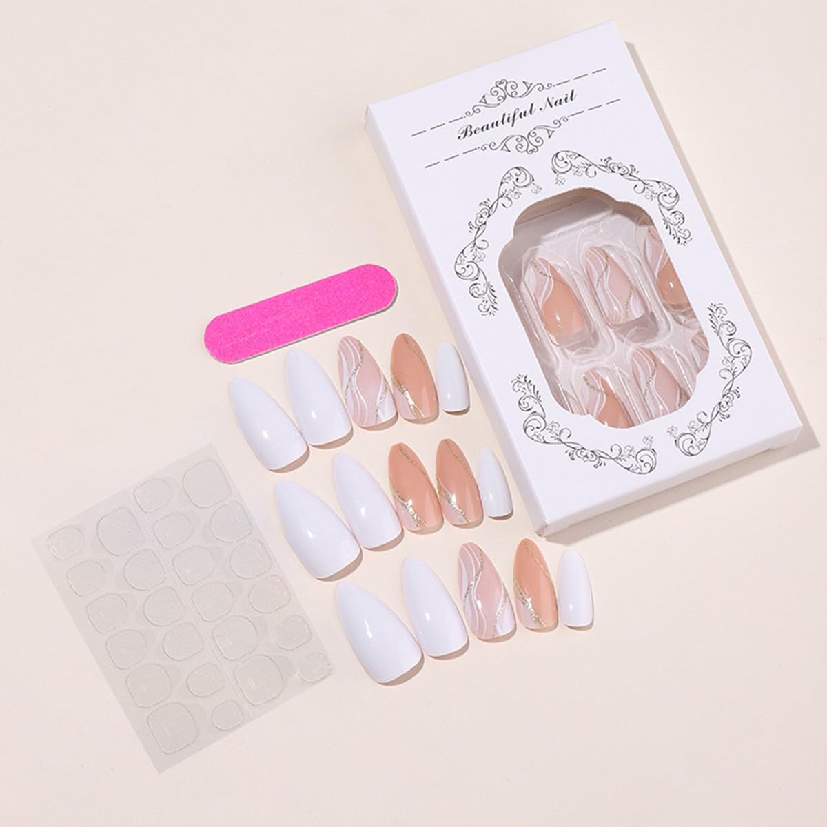 Almond Press on Nails Medium Fake Nails Glitter Gold Line Design Glue on Nails White False Nails Full Cover Nude Acrylic Nails Glossy Stick on Nails Fall Artificial Nails for Women Manicure 24Pcs - Image 2
