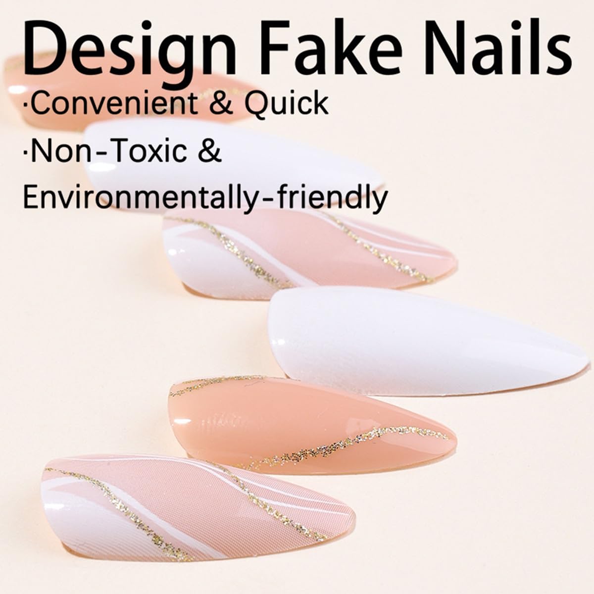 Almond Press on Nails Medium Fake Nails Glitter Gold Line Design Glue on Nails White False Nails Full Cover Nude Acrylic Nails Glossy Stick on Nails Fall Artificial Nails for Women Manicure 24Pcs - Image 3