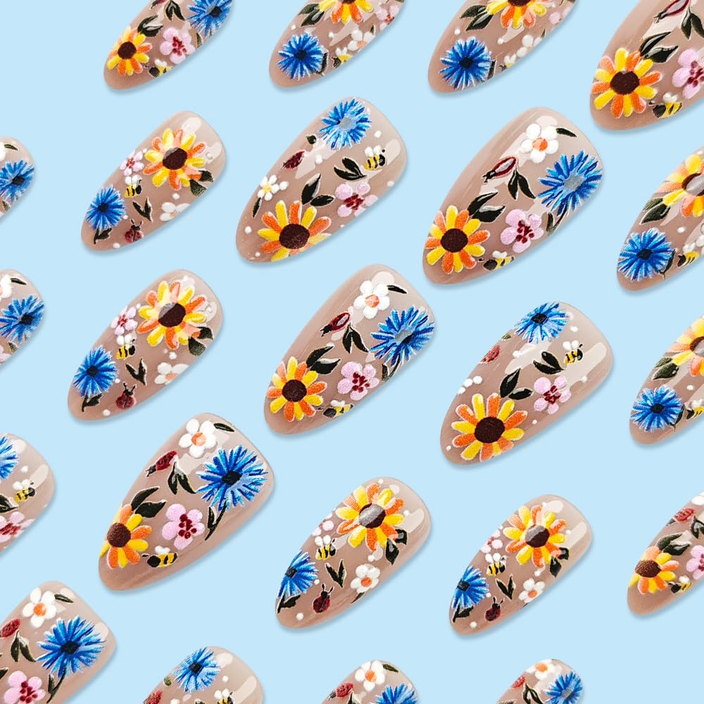 Almond Press On Nails: Medium Floral Acrylic Nails with 3D Flowers, Colorful Nude Glue Ons - 24 Pcs - Image 2