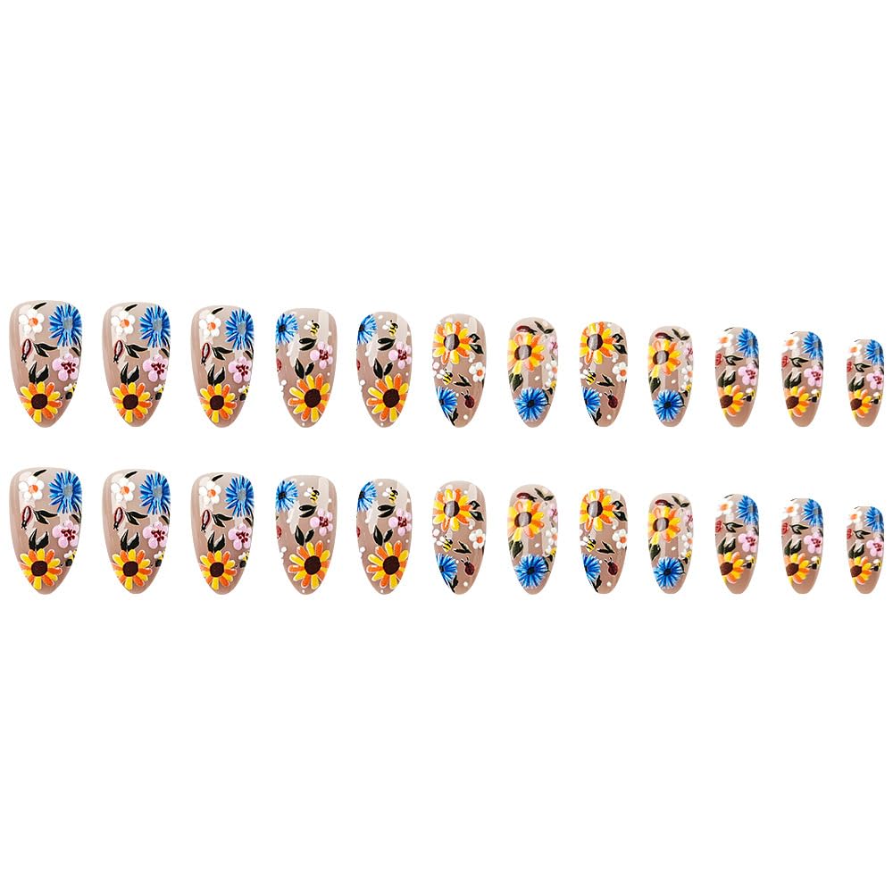 Almond Press On Nails: Medium Floral Acrylic Nails with 3D Flowers, Colorful Nude Glue Ons - 24 Pcs - Image 4