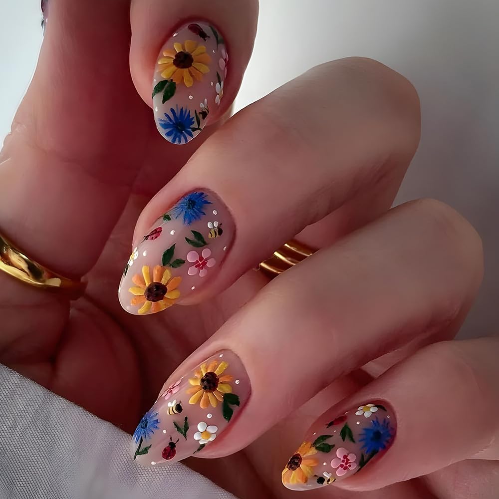 Almond Press On Nails: Medium Floral Acrylic Nails with 3D Flowers, Colorful Nude Glue Ons - 24 Pcs
