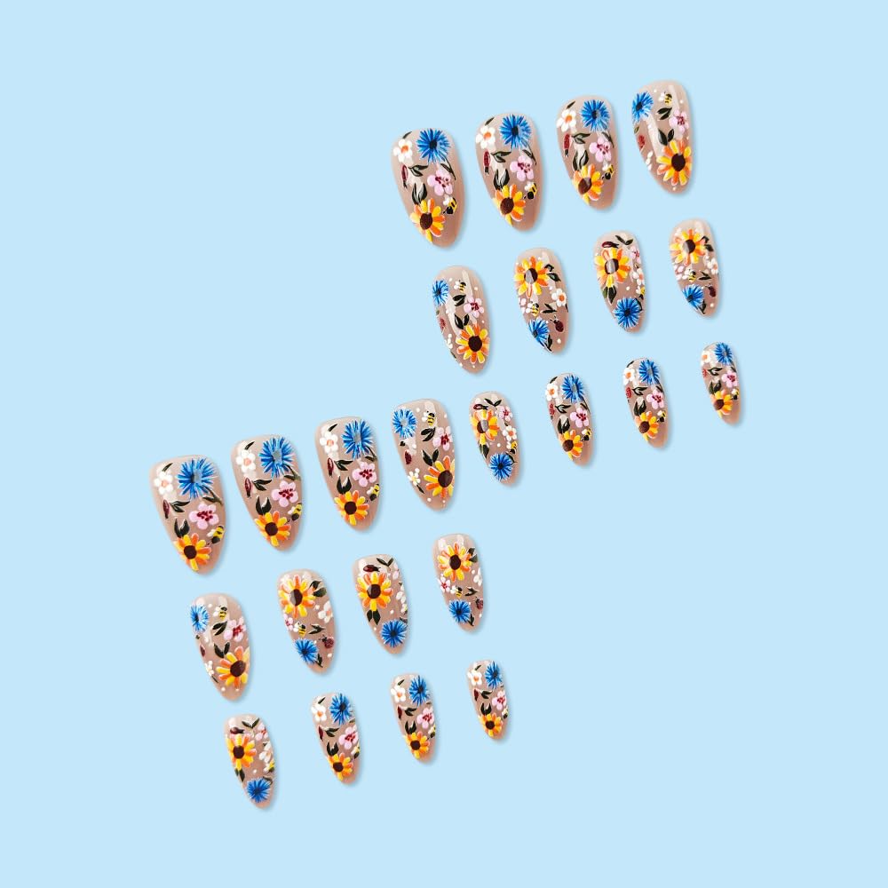 Almond Press On Nails: Medium Floral Acrylic Nails with 3D Flowers, Colorful Nude Glue Ons - 24 Pcs - Image 3