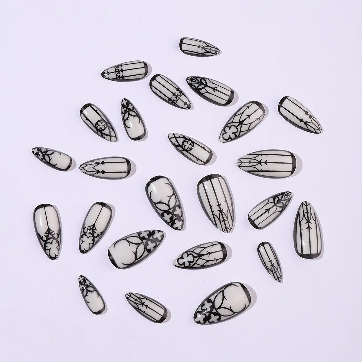 Almond Press on Nails Medium Length Fake Nails Black Goth Acrylic Glue on Nails Glow in the Dark False Nails with Designs Full Cover Glue on Nails Reusable Artificial Nails for Women 24Pcs - Image 5