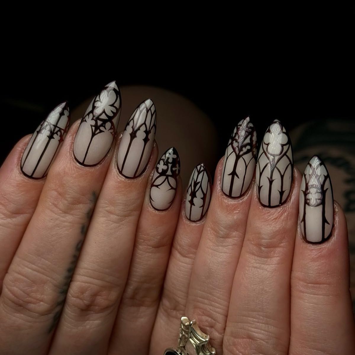 Almond Press on Nails Medium Length Fake Nails Black Goth Acrylic Glue on Nails Glow in the Dark False Nails with Designs Full Cover Glue on Nails Reusable Artificial Nails for Women 24Pcs - Image 2