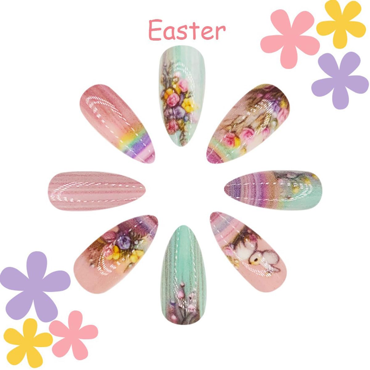 Almond Press on Nails Medium Length Fake Nails Easter Acrylic Nails with Cute Bunny Designs Colorful Flower Stick on Nails Artificial False Nails Glue on Nails for Women Girls 24Pcs - Image 3