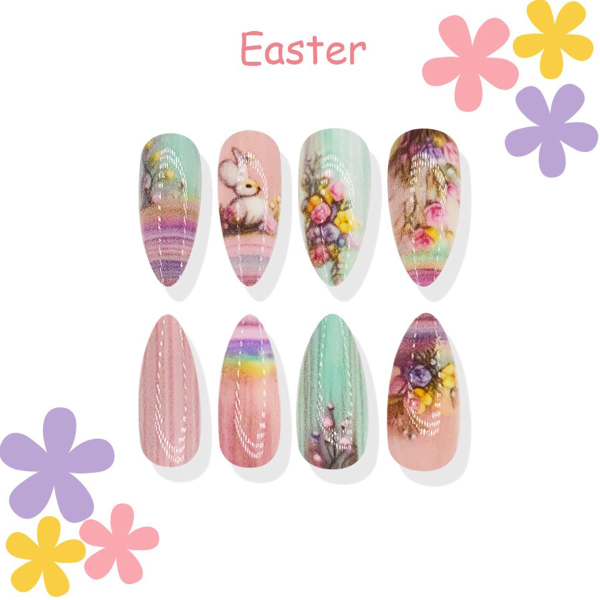 Almond Press on Nails Medium Length Fake Nails Easter Acrylic Nails with Cute Bunny Designs Colorful Flower Stick on Nails Artificial False Nails Glue on Nails for Women Girls 24Pcs - Image 4