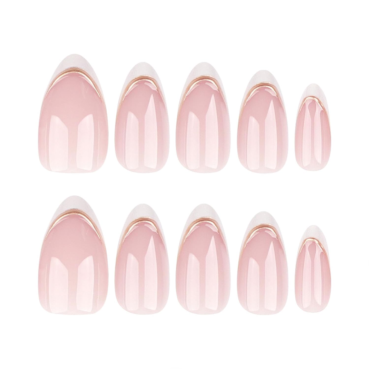 Almond Press on Nails Medium Pink Fake Nails with 3D Gold Stripes Designs White French Tips Fall Nails Press ons Winter False Nails Acrylic Glue on Nails Glossy Stick on Nails for Women 24 Pcs - Image 4