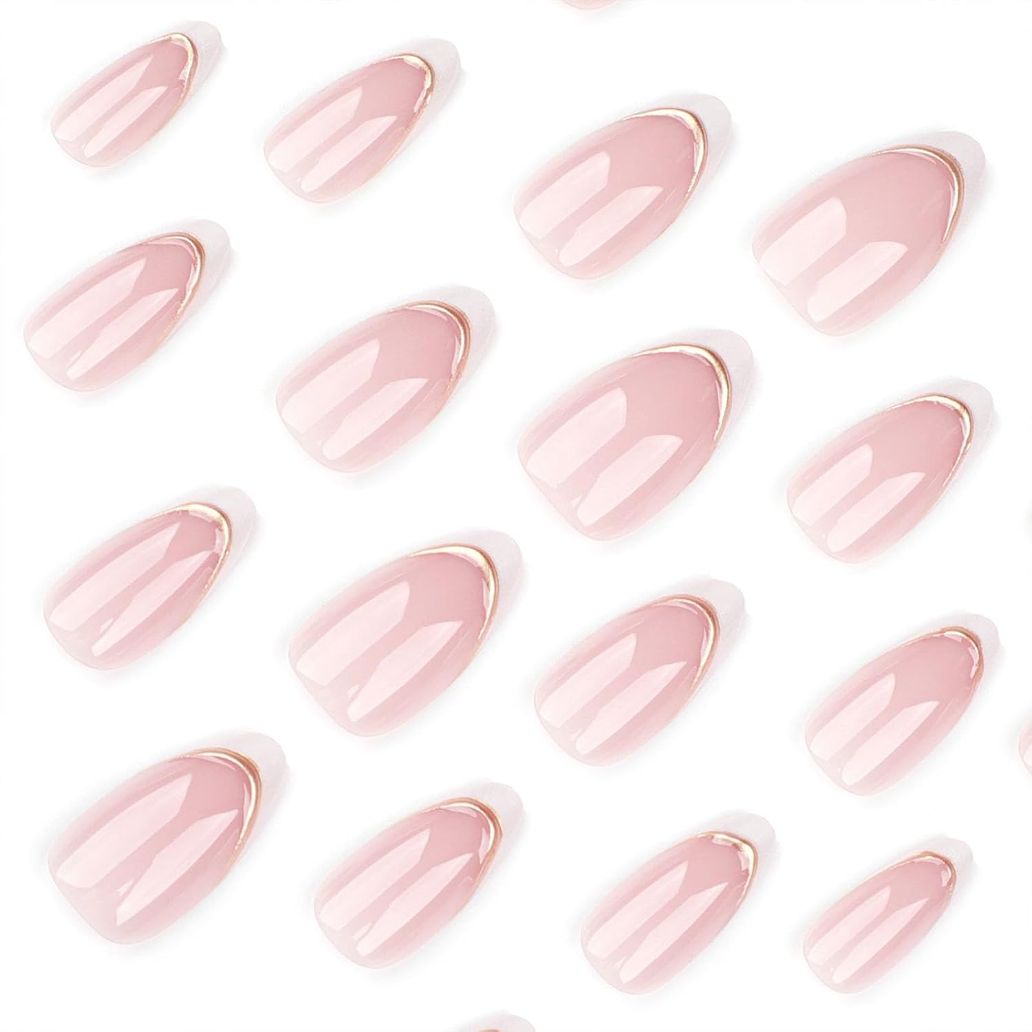 Almond Press on Nails Medium Pink Fake Nails with 3D Gold Stripes Designs White French Tips Fall Nails Press ons Winter False Nails Acrylic Glue on Nails Glossy Stick on Nails for Women 24 Pcs - Image 3