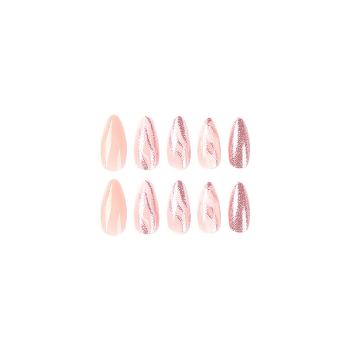 Almond Press on Nails Medium Pink White Marble Glitter Curve Fake Nails Women Fantasy Glue on Nails Acrylic Gel Stick on Nails Classy False Nails Wedding Birthday - Image 2