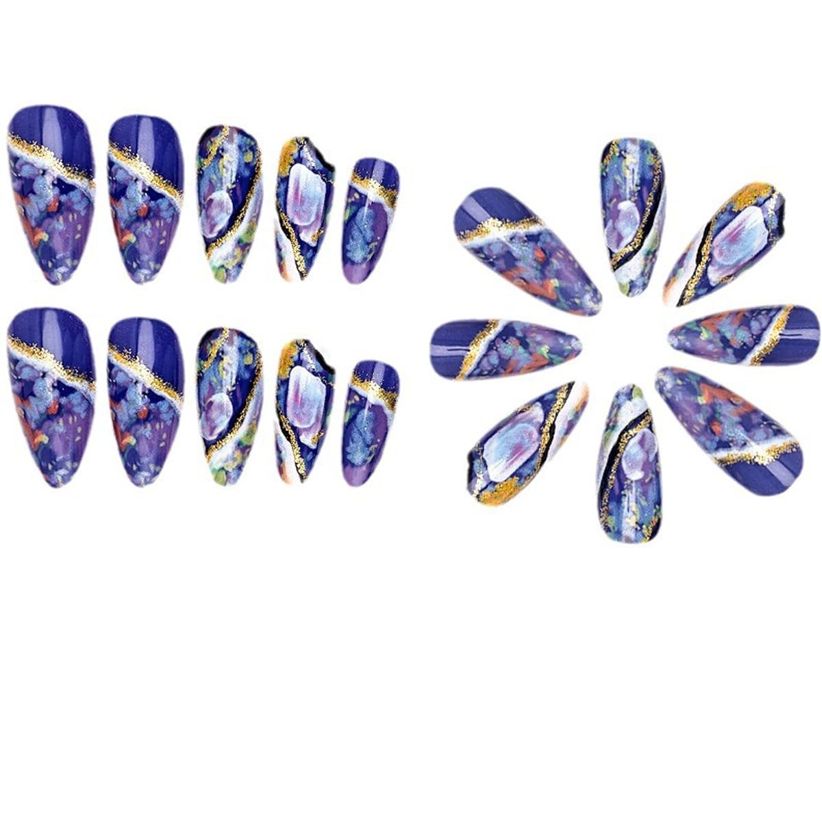 Almond Press on Nails Short Blue Marble Fake Nails Medium long Glitter Glue on Nails Acrylic Fantasy Stick ons Nails for Women Classy False Nails for Wedding Birthday - Image 3
