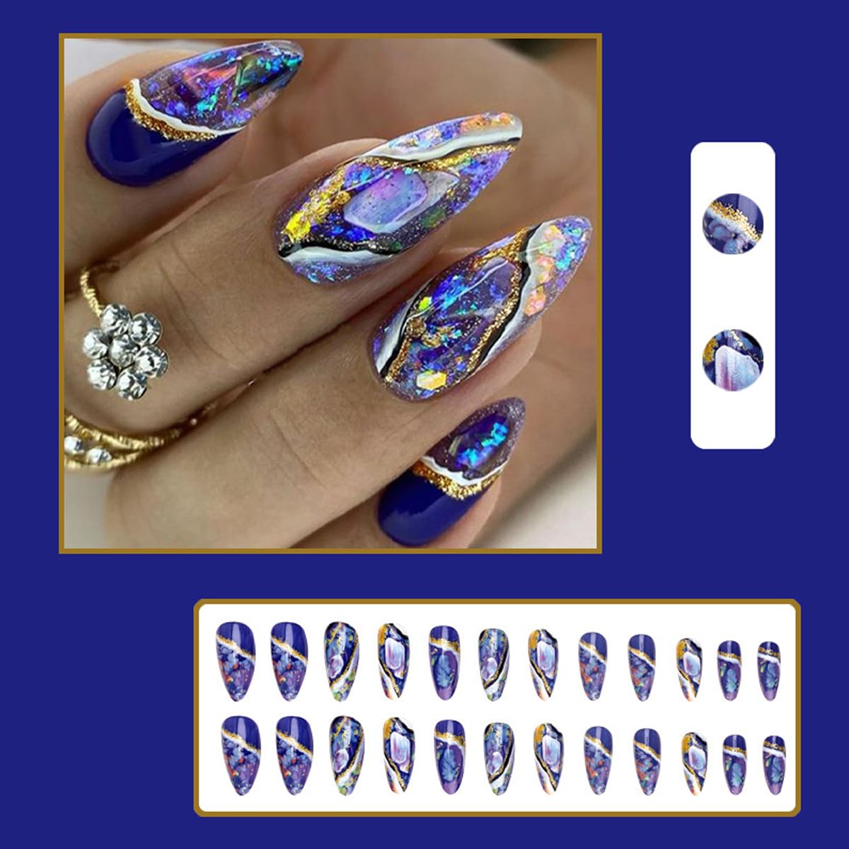 Almond Press on Nails Short Blue Marble Fake Nails Medium long Glitter Glue on Nails Acrylic Fantasy Stick ons Nails for Women Classy False Nails for Wedding Birthday - Image 2