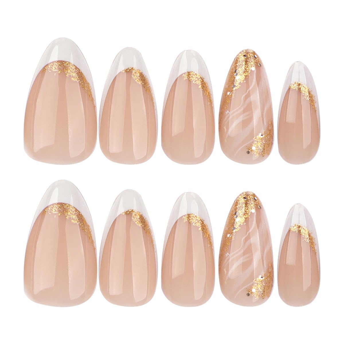 Almond Press on Nails White French Tip Fake Nails Gold Nails Press ons with Designs Acrylic False Nails Full Cover Glossy Glue on Nails Artificial Stick on Nails for Women Girls Manicure 24Pcs - Image 4