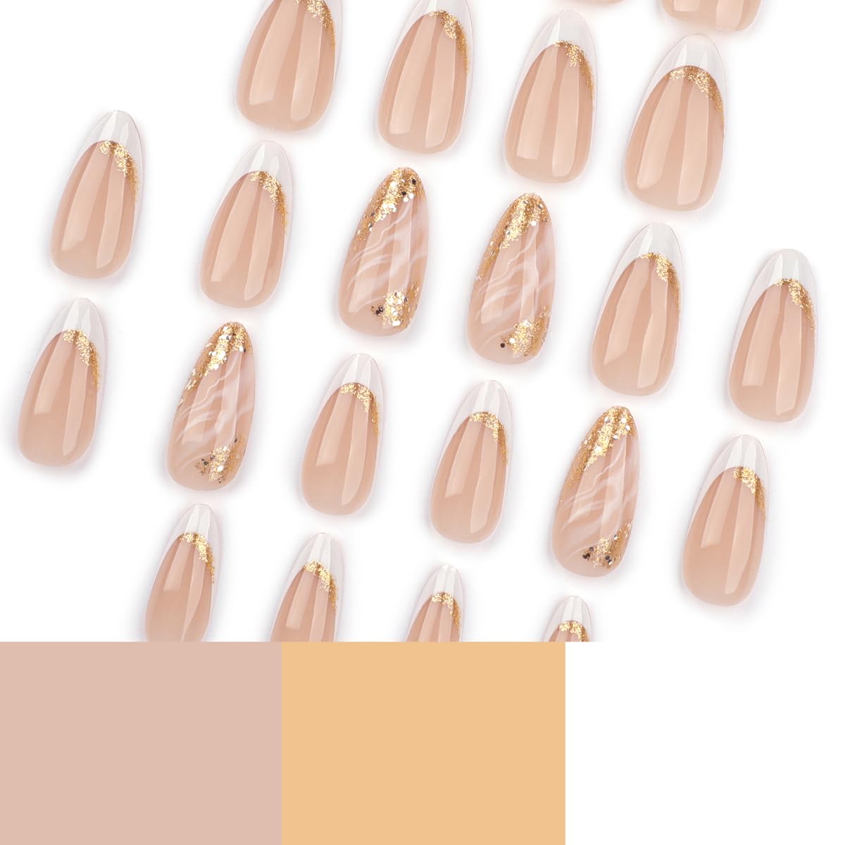 Almond Press on Nails White French Tip Fake Nails Gold Nails Press ons with Designs Acrylic False Nails Full Cover Glossy Glue on Nails Artificial Stick on Nails for Women Girls Manicure 24Pcs - Image 3