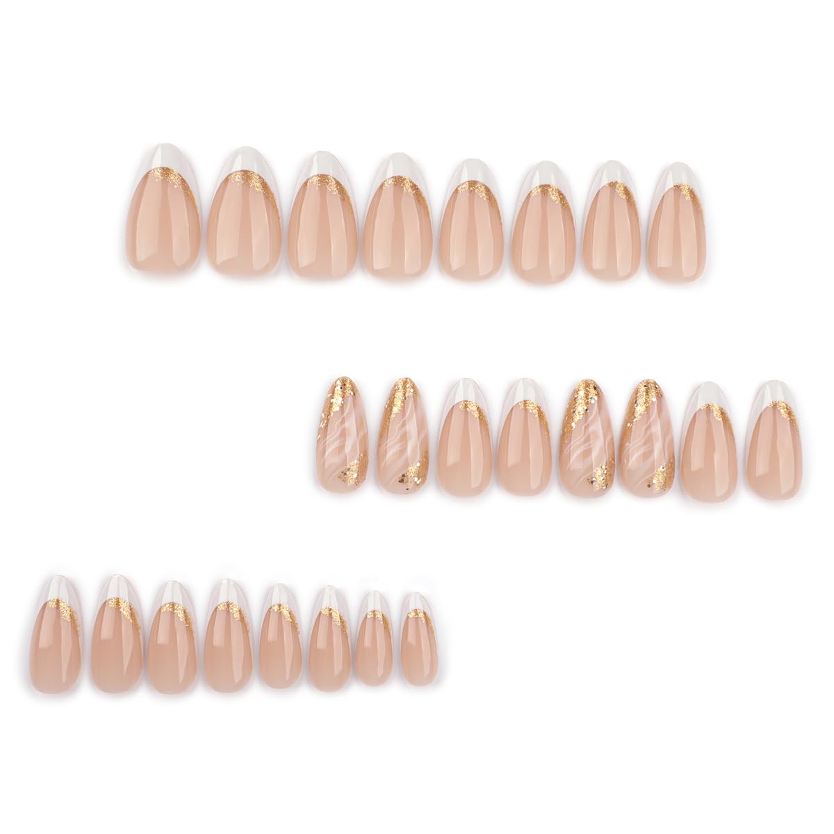Almond Press on Nails White French Tip Fake Nails Gold Nails Press ons with Designs Acrylic False Nails Full Cover Glossy Glue on Nails Artificial Stick on Nails for Women Girls Manicure 24Pcs - Image 5