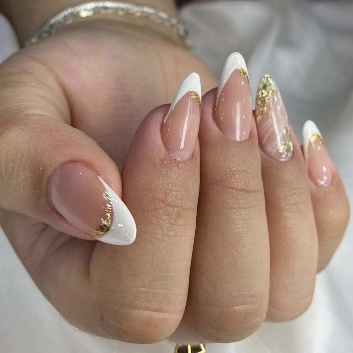 Almond Press on Nails White French Tip Fake Nails Gold Nails Press ons with Designs Acrylic False Nails Full Cover Glossy Glue on Nails Artificial Stick on Nails for Women Girls Manicure 24Pcs