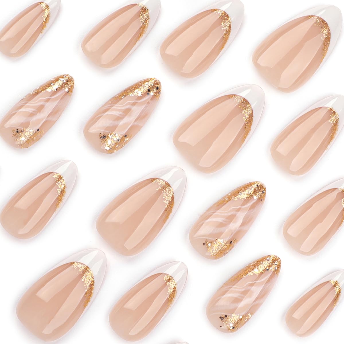 Almond Press on Nails White French Tip Fake Nails Gold Nails Press ons with Designs Acrylic False Nails Full Cover Glossy Glue on Nails Artificial Stick on Nails for Women Girls Manicure 24Pcs - Image 2