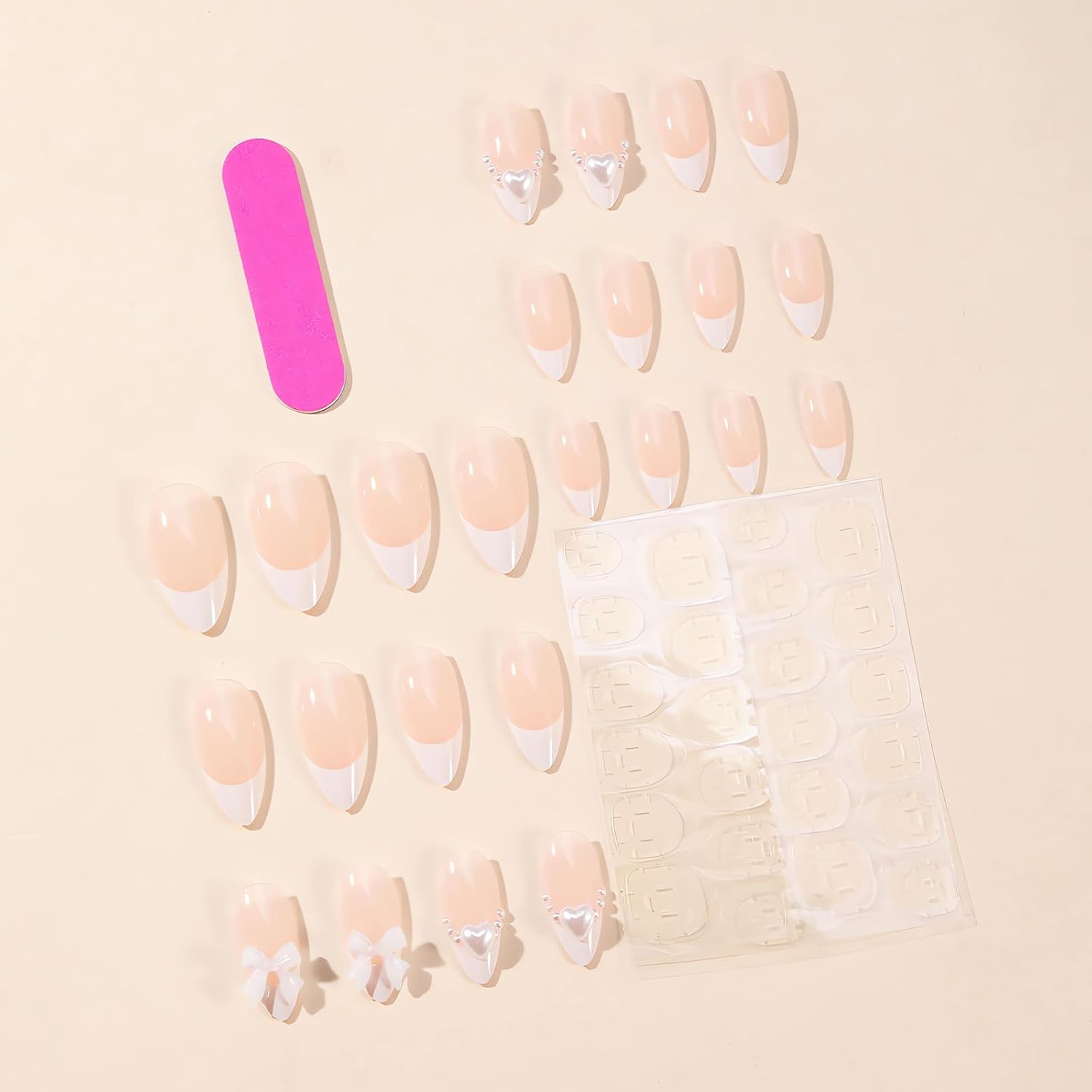 Almond Press on Nails White French Tip Fake Nails Medium Length Acrylic Nails Press ons with Bow Charms Designs Cute White Pearls Glue on False Nails Reusable Stick on Nails 24pcs - Image 2