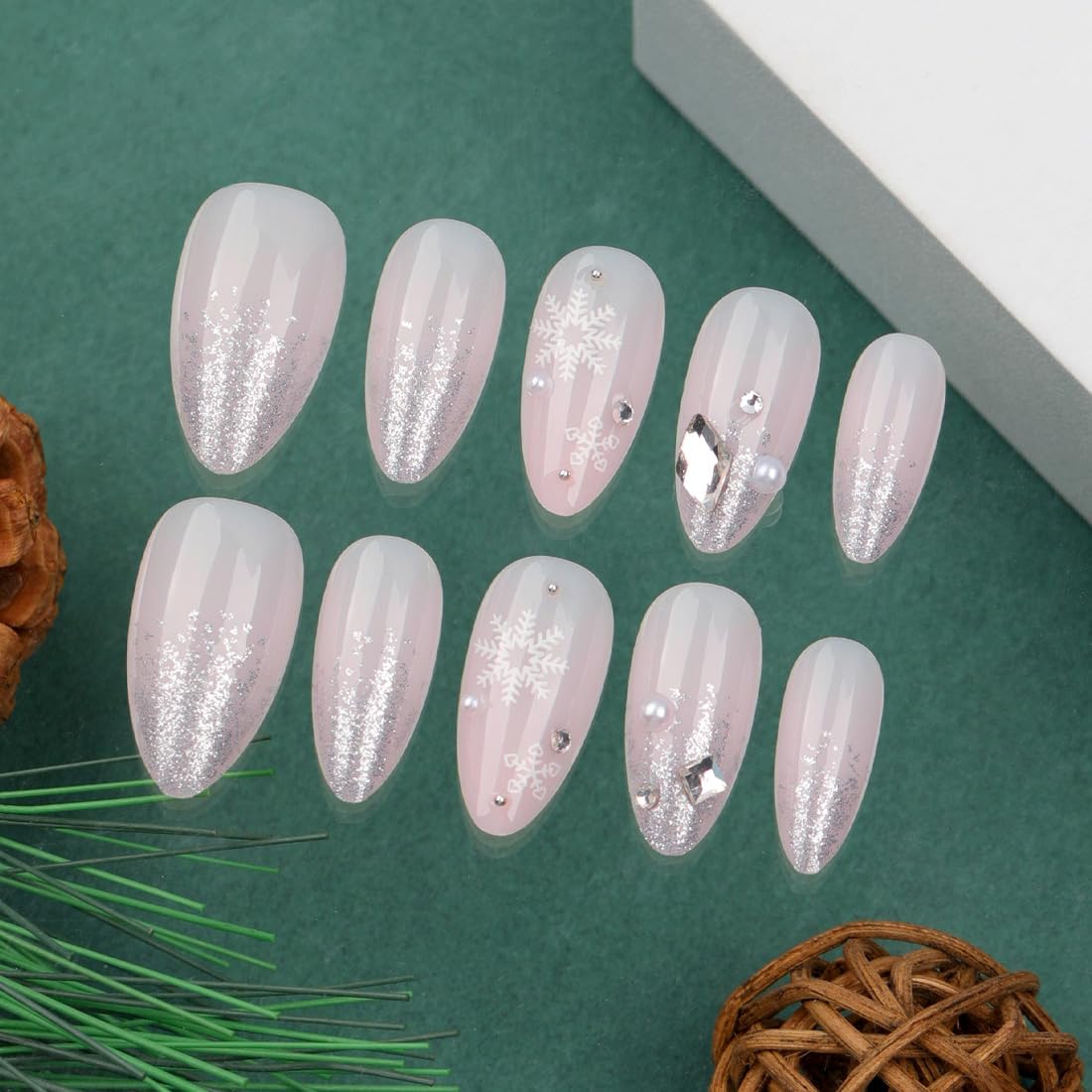 Almond Press on Nails White Short Medium Ombre Glue on Nails with Glitter Rhinestone Snowflake Designs Acrylic Fake Nails for Women Wedding Manicure Classy False Stick on Nails 24 Pcs - Image 3
