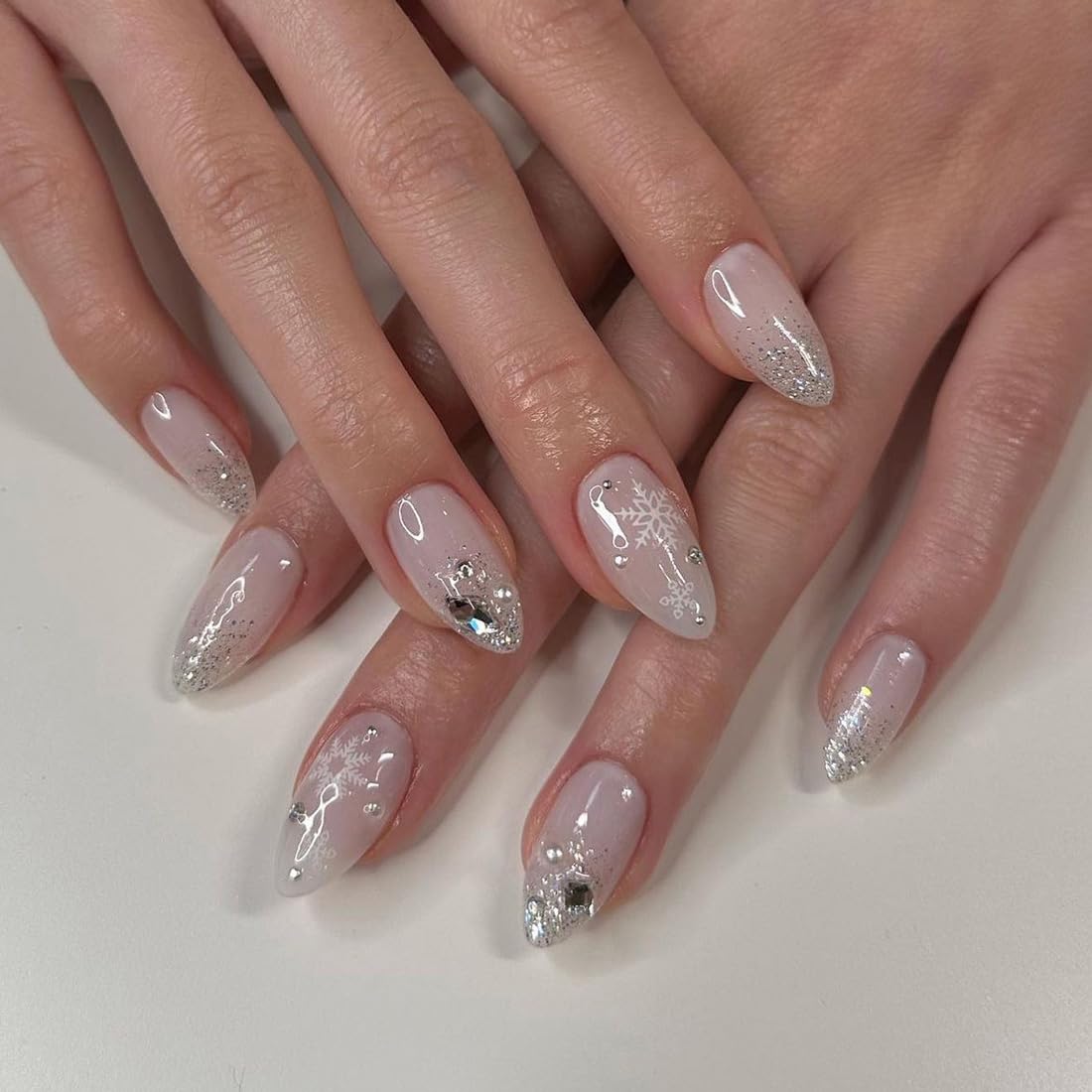 Almond Press on Nails White Short Medium Ombre Glue on Nails with Glitter Rhinestone Snowflake Designs Acrylic Fake Nails for Women Wedding Manicure Classy False Stick on Nails 24 Pcs - Image 2