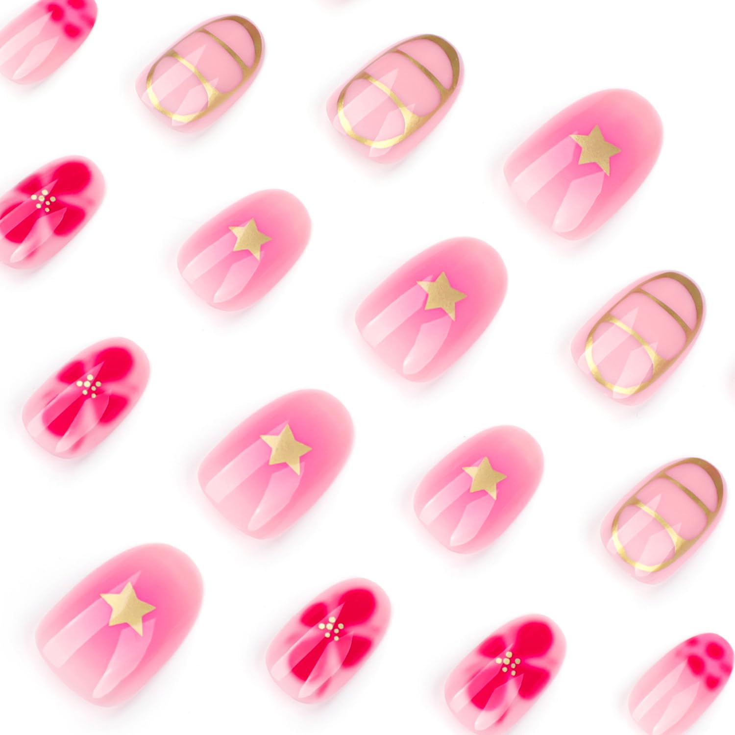 Almond Shaped Press on Nails Flower Fake Nails Glossy Acrylic Nails Spring Summer Glue on Nails Full Cover False Nails with Floral Star Design Cute Artificial Nails Reusable Stick on Nails for Women - Image 3