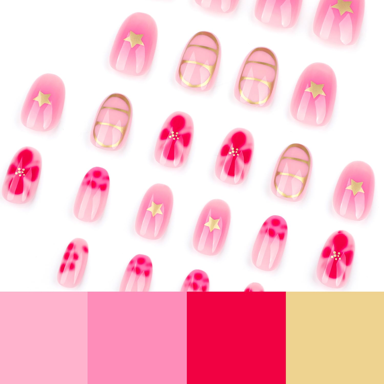 Almond Shaped Press on Nails Flower Fake Nails Glossy Acrylic Nails Spring Summer Glue on Nails Full Cover False Nails with Floral Star Design Cute Artificial Nails Reusable Stick on Nails for Women - Image 4