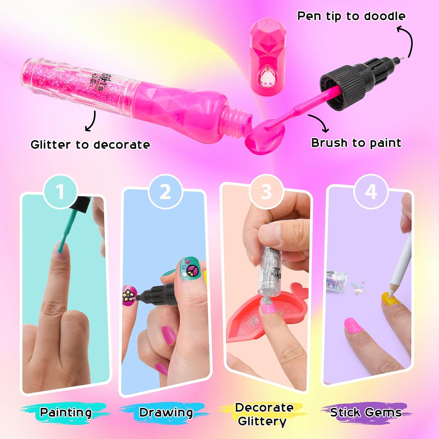 Amagoing Nail Art Studio for Girls, Nail Polish Kit for Kids Age 6-12 Year Old, 3 in 1 Nail Polish Pen, Nail Dryer, Fashion Stickers, Glitter, Decoration Supplies, Makeup Gift for Birthday, Girly Spa - Image 3
