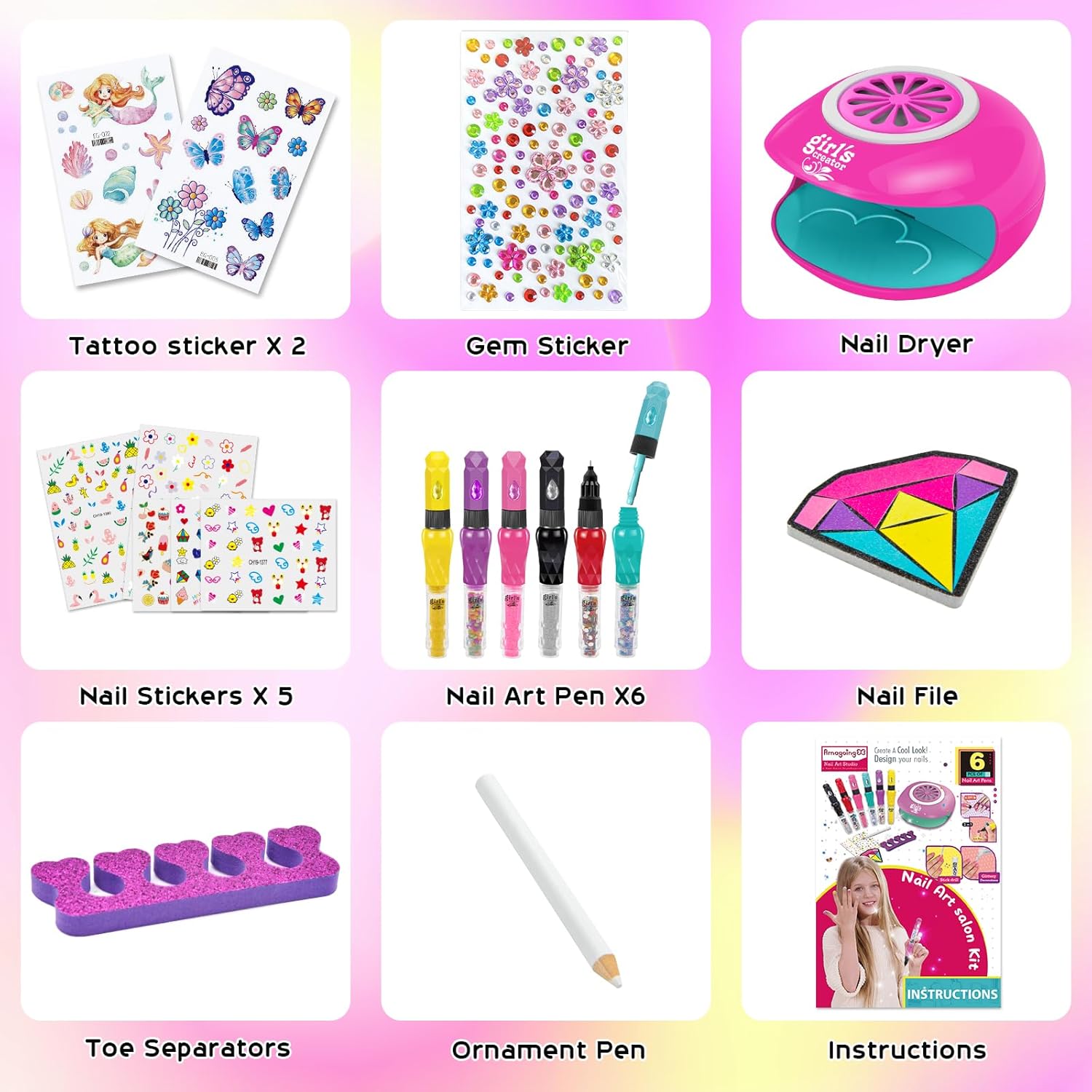 Amagoing Nail Art Studio for Girls, Nail Polish Kit for Kids Age 6-12 Year Old, 3 in 1 Nail Polish Pen, Nail Dryer, Fashion Stickers, Glitter, Decoration Supplies, Makeup Gift for Birthday, Girly Spa - Image 2