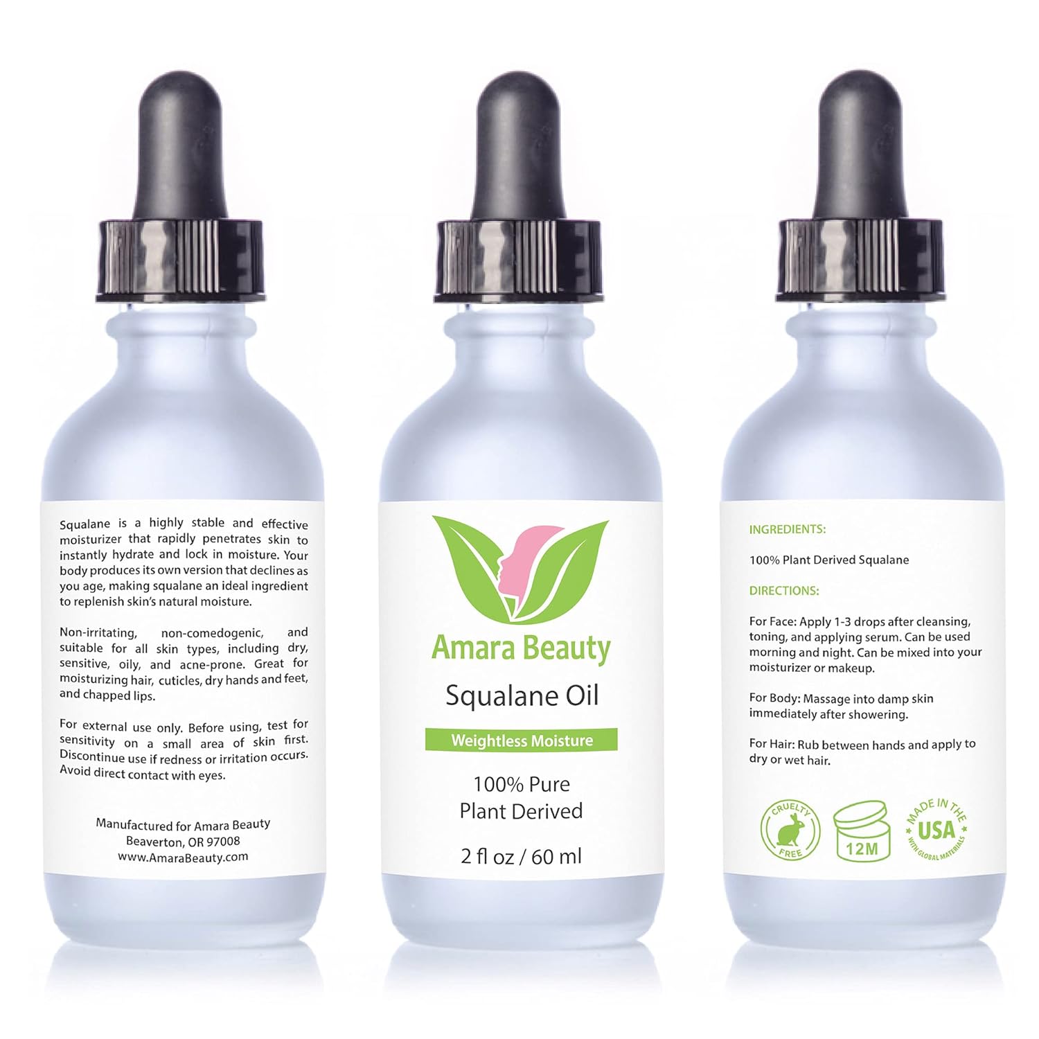 Amara Beauty Squalane Oil Moisturizer with 100% Pure Plant Derived Squalane for Face, Body, Skin and Hair - Face Oil 2 fl. oz. - Image 6